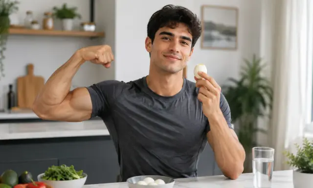 Muskulöser Mann zeigt Bizeps und hält ein gekochtes Ei. Er setzt auf proteinreiche Ernährung mit Ei für seine Fitness.