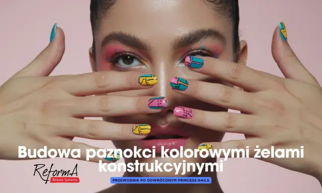 Paznokcie indigo inspiracje: kolorowe, geometryczne wzory na paznokciach w odcieniach różu, żółci i turkusu.