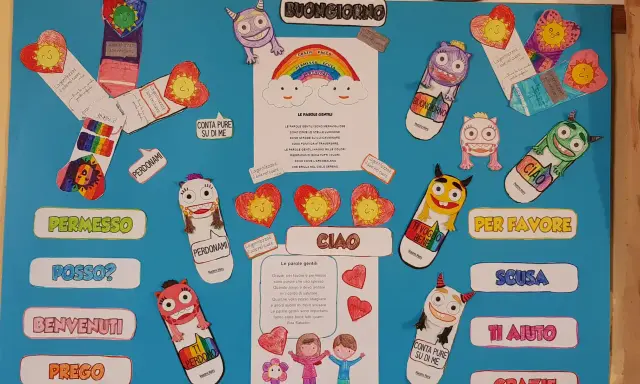 Un collage colorato con mostriciattoli sorridenti e cuori, che celebra "il sacco delle parole gentili" come gentilezza, grazie, scusa e per favore.
