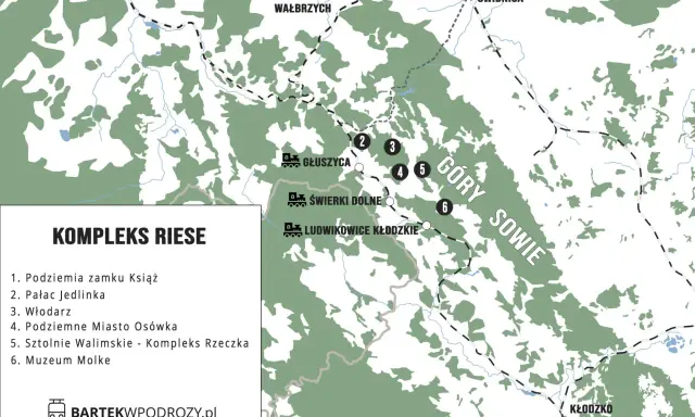 Mapa turystyczna przedstawiająca Kompleks Riese w Górach Sowich, z zaznaczonymi atrakcjami: Podziemia Zamku Książ, Pałac Jedlinka, Włodarz, Podziemne Miasto Osówka, Sztolnie Walimskie i Muzeum Molke.
