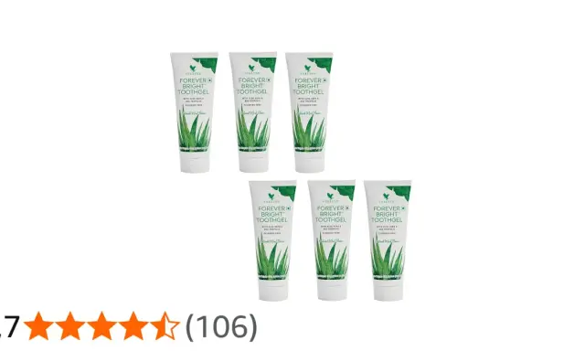Siedem tubek pasty do zębów aloesowej Forever Bright Toothgel, z wizerunkiem aloesu i miętowym smakiem.