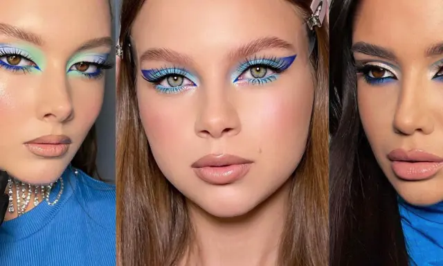Tres looks de maquillaje para vestido azul: delineado gráfico, sombras celestes y toques de verde menta.