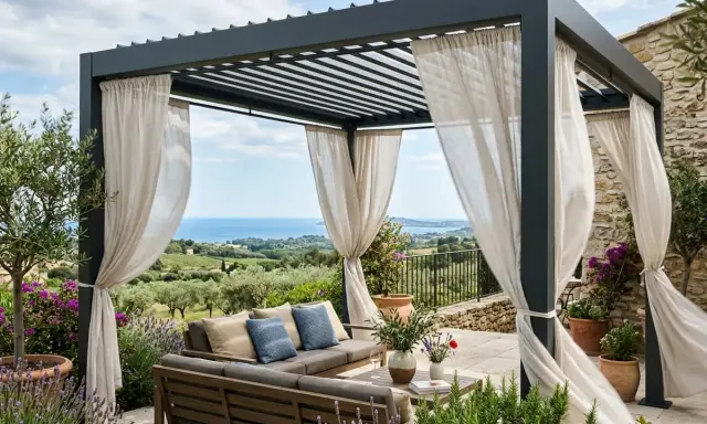 Un salon extérieur confortable sous une pergola moderne, offrant une vue imprenable sur la mer. Ces vérandas bioclimatiques invitent à la détente.
