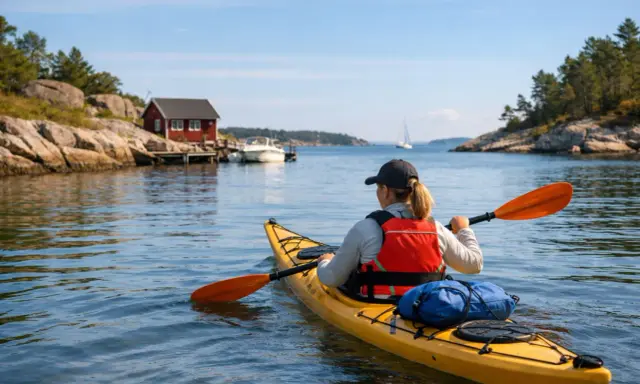 En person i gul kajak njuter av att **padla kajak** i en vacker skärgårdsmiljö med röda hus och segelbåt i bakgrunden.