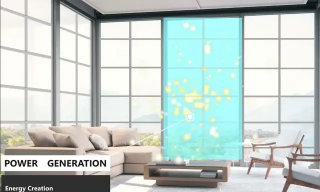 Ventajas del vidrio: una ventana moderna genera energía, iluminando el espacio con partículas brillantes.