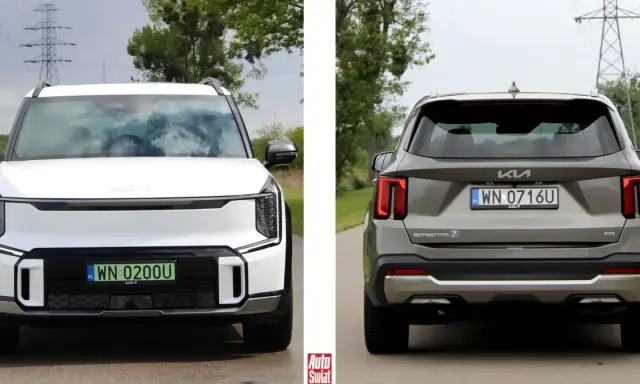 Biała Kia EV9 z przodu i szara Kia Sorento z tyłu, obie na drodze.