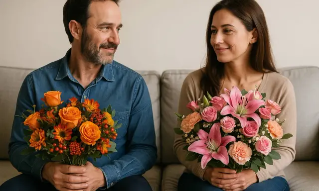 Un couple échange des sourires, chacun tenant un bouquet. Les fleurs, aux couleurs vives, portent une belle signification.