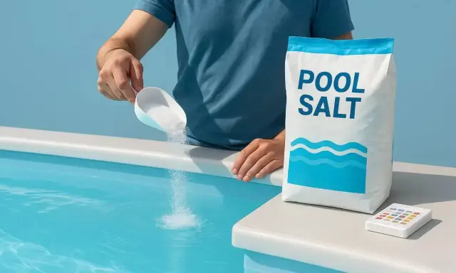 Man häller salt till poolen från en påse "POOL SALT". En liten testare ligger bredvid.