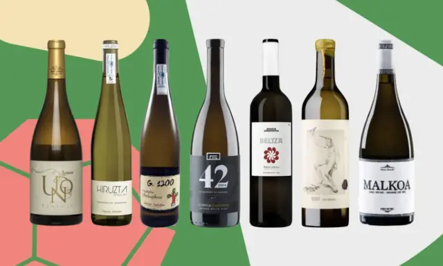 Seis botellas de vino blanco, algunas con etiquetas que sugieren ser vino típico de Bilbao, dispuestas sobre un fondo verde y rosa.