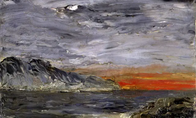August Strindberg konst: Dramatisk kustvy med mörka berg, stormigt hav och en glödande solnedgång.
