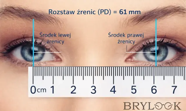 Pomiar rozstawu źrenic (PD) wynosi 61 mm. Wskazuje to na normę dla prawidłowego dopasowania okularów.