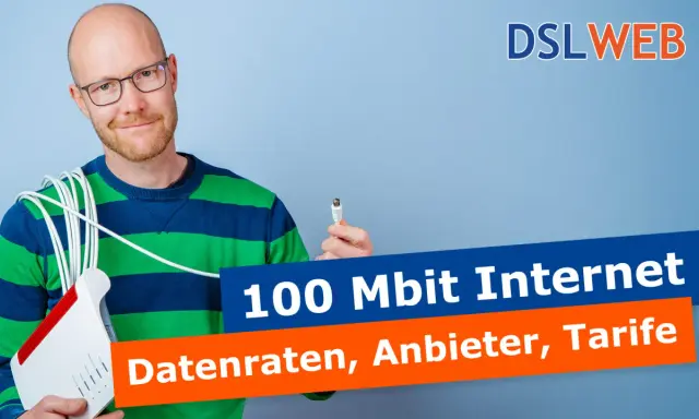 Mann mit Router und Kabeln fragt: sind 100 Mbits gut? Infos zu Tarifen und Anbietern.