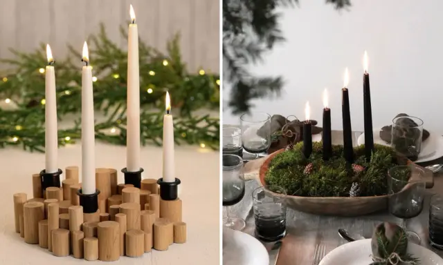 Två adventsljusstake-inspo: en med vita ljus på trästubbar, en annan med svarta ljus i en mossig skål.