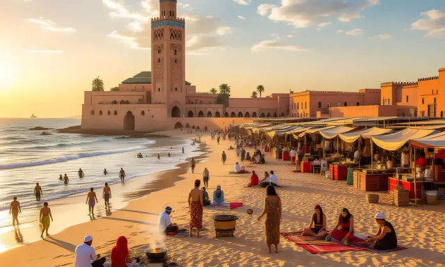 Ein Strand mit Menschen, die baden und entspannen, während im Hintergrund eine Moschee und ein Markt zu sehen sind. Hier liegt Marrakesch am Meer, ein malerischer Anblick.