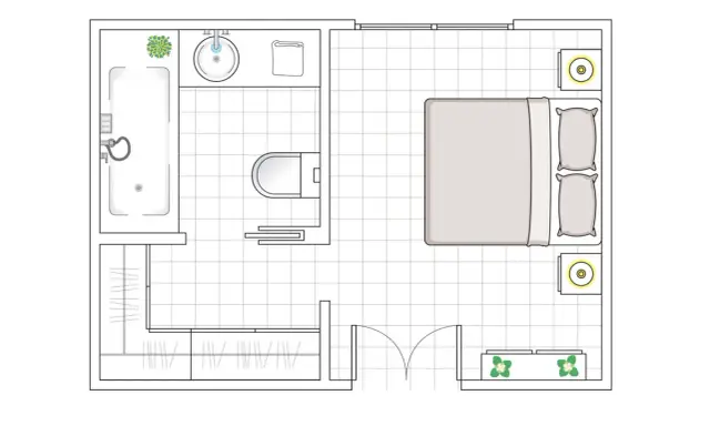 Plano de medidas habitación matrimonio con baño y vestidor. Incluye cama, dos mesitas, bañera, inodoro, lavabo y armarios.