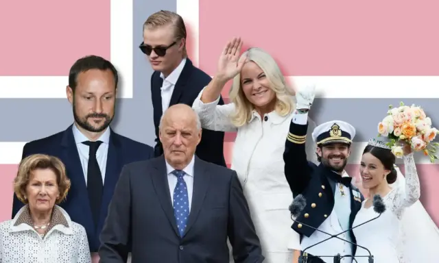 Królewska rodzina Norwegii: Król Harald V, królowa Sonja, książę Haakon, księżna Mette-Marit i książę Sverre Magnus.