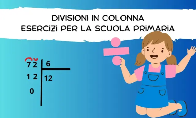 Bambina sorridente con simbolo di divisione, esercizio di divisione come distribuzione schede per la scuola primaria.