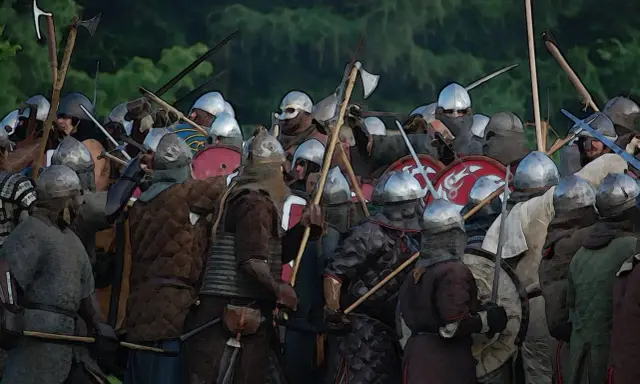 En grupp svensk viking krigare i strid, beväpnade med yxor och svärd, redo att försvara sitt land.