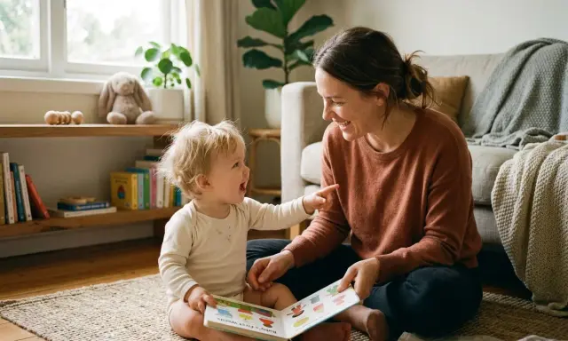 Bambino sorridente indica un libro, forse imparando a quanti mesi i bambini iniziano a parlare. Mamma felice lo osserva.