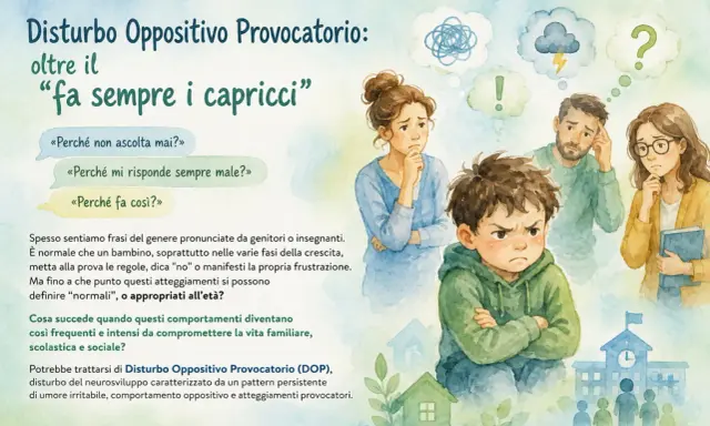 Un bambino di 1 anno con espressione arrabbiata, circondato da genitori preoccupati. Il testo parla di bambini iperattivi e disturbo oppositivo provocatorio.