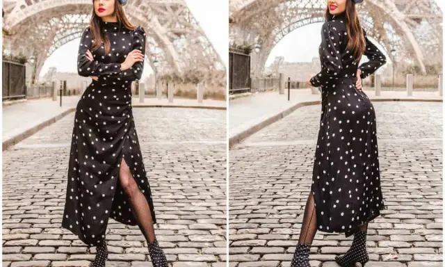 Elegancka kobieta w czarnej sukience w grochy i błękitnym beretcie, prezentująca inspiracje na temat: jakie dodatki do sukienki w grochy.