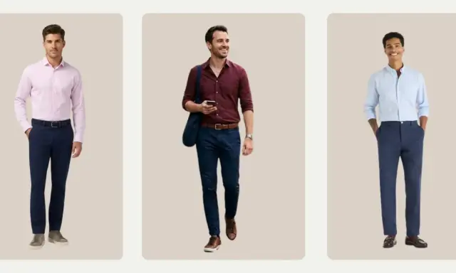 Three men in navy pants. One wears a pink dress shirt, another a burgundy shirt, and the third a light blue shirt.