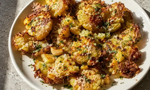 Krispiga, ugnsbakade smashed potatis parmesan med färsk persilja. Enkel och god rätt.