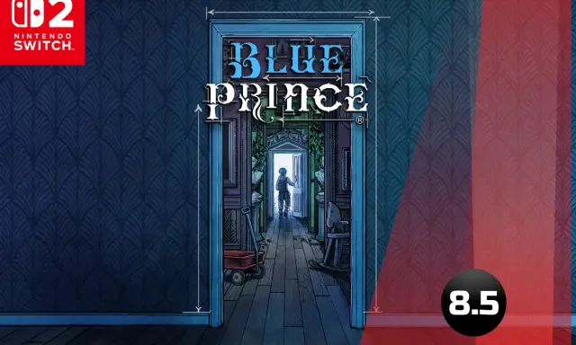Okładka gry "Blue Prince" na Nintendo Switch. Wąski korytarz z drzwiami na końcu, przez które widać postać.