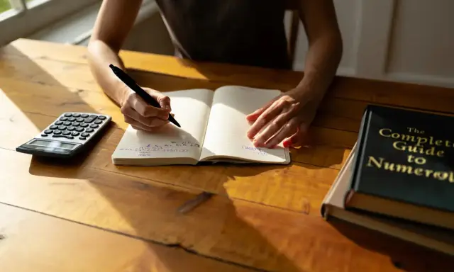 Une personne écrit dans un carnet, une calculatrice à côté. Un livre "The Complete Guide to Numerology" est posé sur la table.