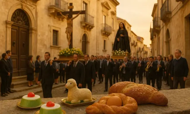 Una processione religiosa per la Pasqua in Sicilia, con statue sacre portate a spalla e dolci tipici in primo piano.