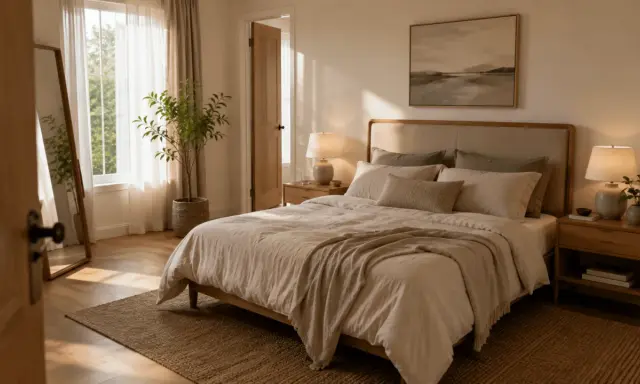 Dormitorio sereno con cama de estilo feng shui, luz natural, espejo y planta.