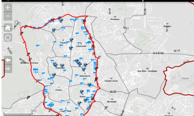 Mapa de Madrid con zonas de bajas emisiones marcadas en rojo. Se puede entrar a Madrid sin pegatina si no se accede a estas zonas.