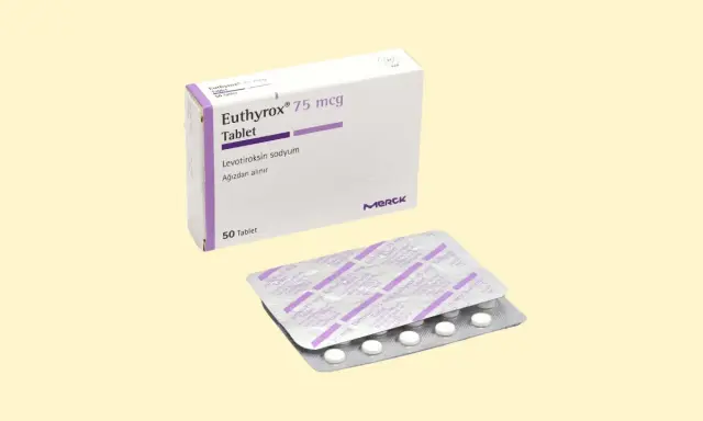 Opakowanie i blister tabletek Euthyrox 75 mcg, stosowanych w leczeniu niedoczynności tarczycy.