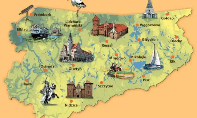 Mapa turystyczna Warmii i Mazur z zamkami, jeziorami, żaglówką, kajakarzami i bocianem.