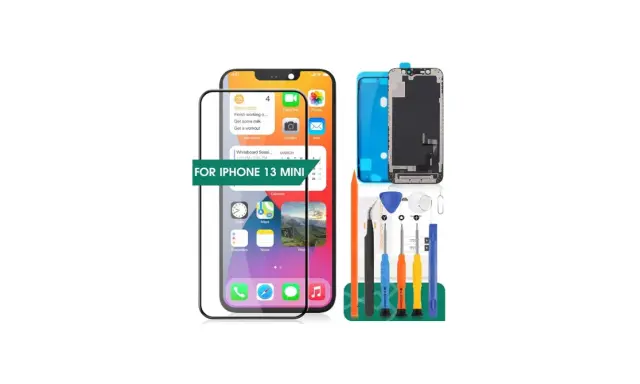 Zestaw do wymiany ekranu iPhone 13 mini: nowy wyświetlacz, narzędzia i folia ochronna.