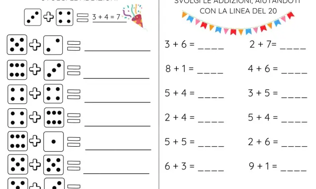 Verifica di matematica per la classe terza elementare: addizioni con dadi e linea del 20.