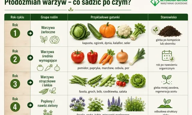 Plan sadzenia warzyw: rok 1 - żarłoczne (kapusta, dynia), rok 2 - wymagające (pomidor, marchew), rok 3 - strączkowe (fasola, groch), rok 4 - poplony.