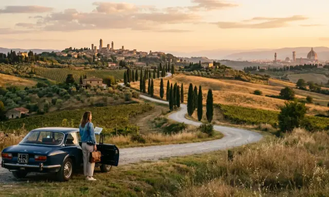 Donna con mappa accanto a un'auto d'epoca in un paesaggio collinare toscano, con borghi medievali e vigneti. Un perfetto itinerario toscana.
