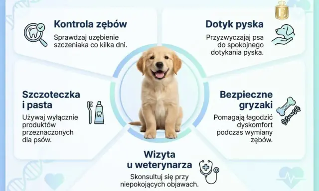 Uroczy szczeniak golden retrievera w centrum grafiki. Wokół niego wskazówki dotyczące pielęgnacji zębów psa, w tym kontrola, szczotkowanie, dotyk pyska, gryzaki i wizyta u weterynarza. Zapobiegaj wypadaniu zębów u psa dorosłego.