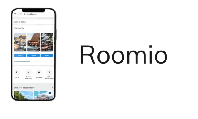 Aplikacja Roomio ułatwia rezerwacje i online check-in. Widok telefonu z opcjami restauracji i usług.