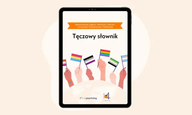 Tęczowy słownik: lista pojęć i definicji dotyczących tożsamości płciowych. Różne flagi symbolizujące społeczność LGBTQ+ wzniesione przez dłonie.