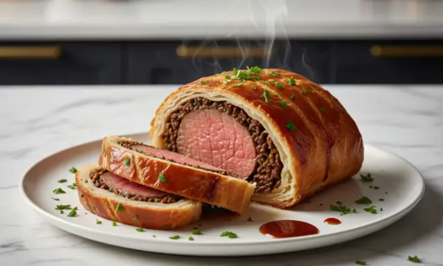 Un jugoso solomillo Wellington, recién horneado y humeante, servido en un plato blanco con perejil picado y una pizca de salsa.