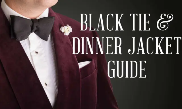 A man in a burgundy velvet dinner jacket, ready for a black tie event. The text reads "BLACK TIE & DINNER JACKET GUIDE.