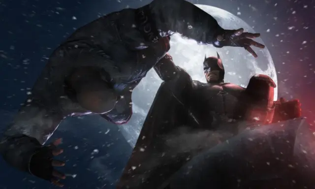 Batman z gry Batman Arkham Origins walczy z przeciwnikiem na tle księżyca.