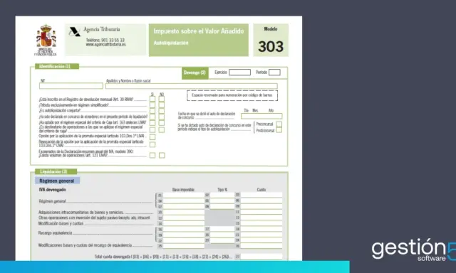 Formulario Modelo 303 de la Agencia Tributaria para la autoliquidación del IVA. Se deben declarar las cuentas corrientes y otros datos fiscales.