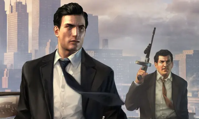 Dwóch mężczyzn w garniturach na tle miasta. Jeden z nich trzyma broń. To kadr z gry Mafia 2, idealny do poradnika.
