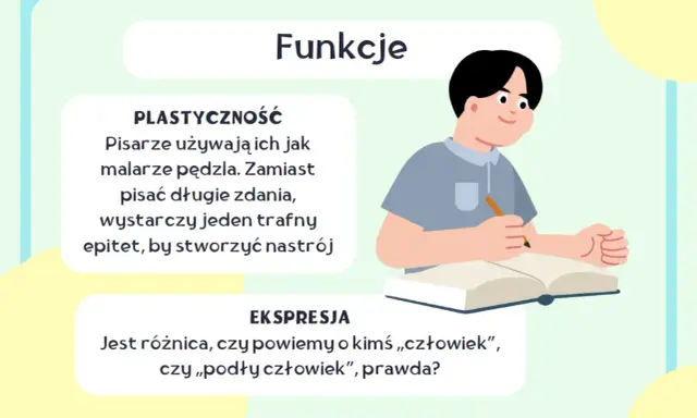 Chłopiec pisze w zeszycie, obok tekst o funkcjach epitetów: plastyczność i ekspresja.