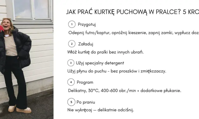 Kobieta z flagą Norwegii pokazuje, jak prać kurtkę puchową w pralce. Instrukcja krok po kroku: przygotowanie, załadunek, detergent, program i pielęgnacja po praniu.