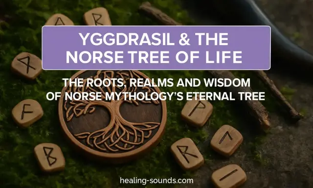 Un arbre de vie sculpté, entouré de runes, symbole nature de la mythologie nordique.