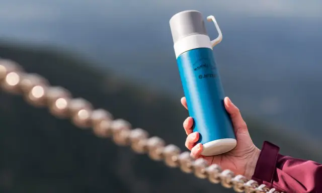 Idealny termos w góry – niebieski Hi-Tec z napisem "Mountains are calling". Idealny towarzysz każdej wyprawy.